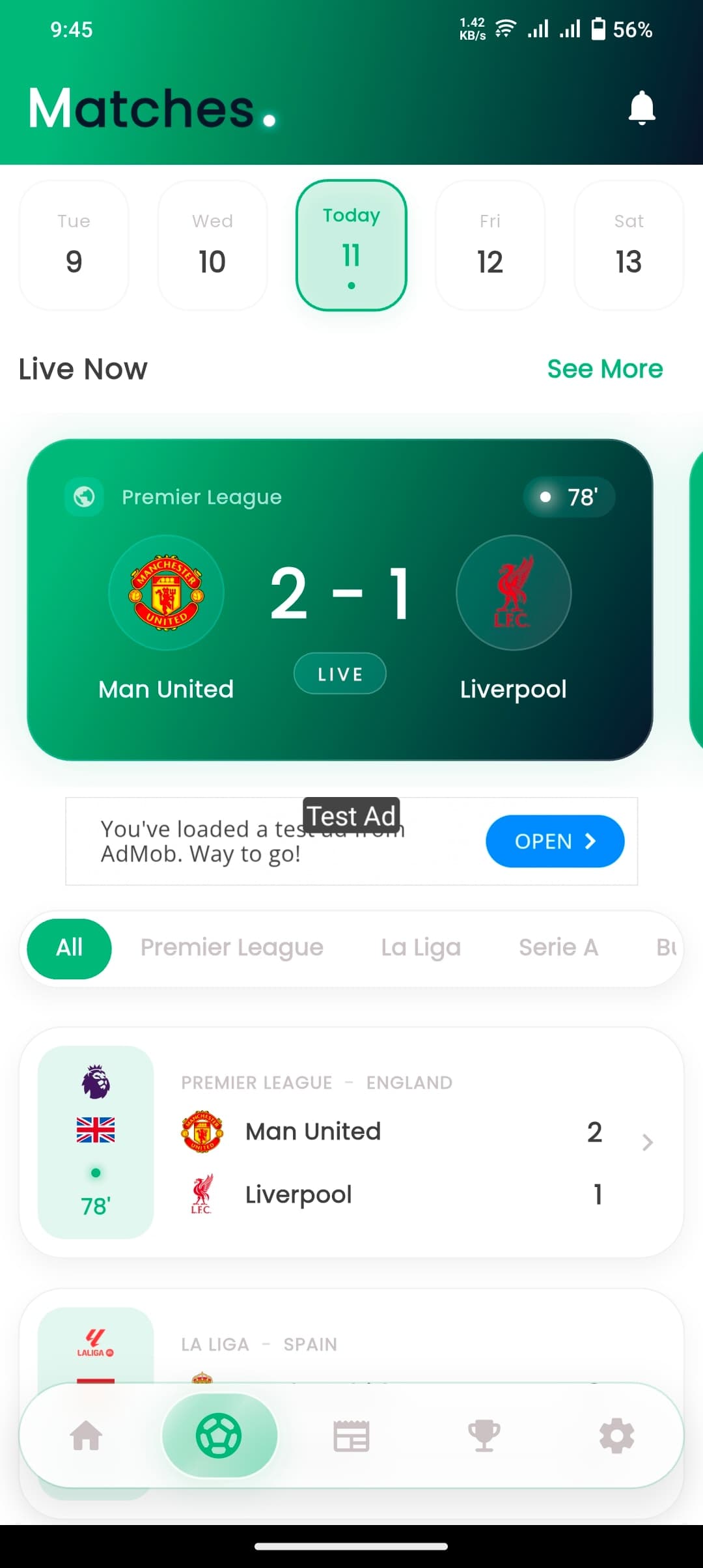 Home — live match center with real-time scores