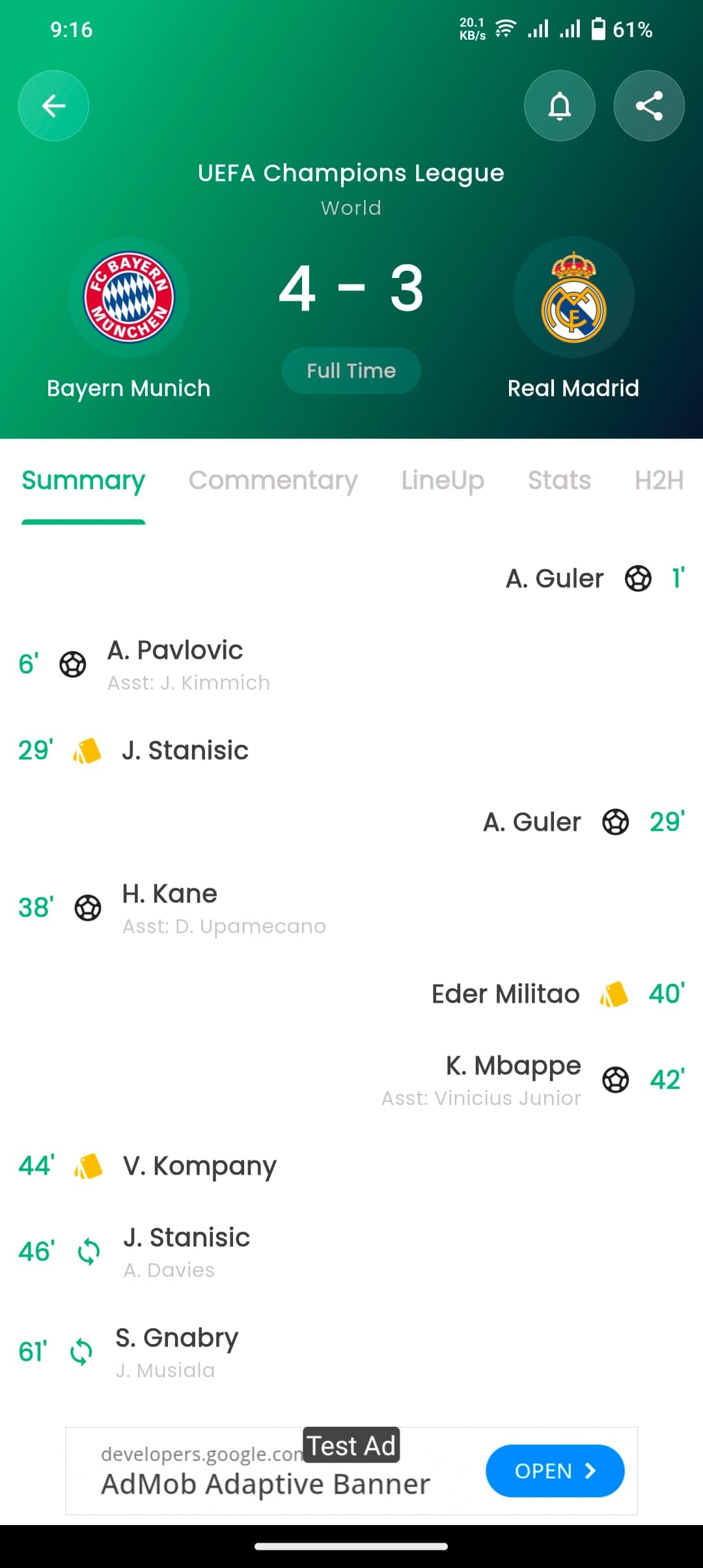 Match detail — events and timeline